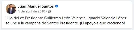 En 201o, el expresidente Juan Manuel Santos celebró la adhesión de Ignacio Valencia a su campaña - crédito Juan Manuel Santos/Facebook