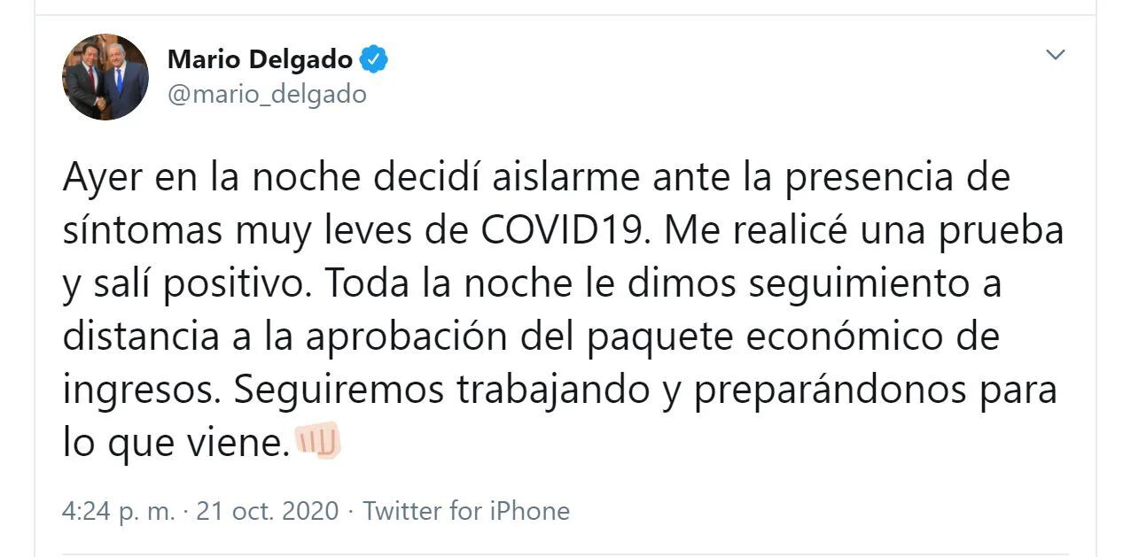 El diputado federal Mario Delgado dio positivo a COVID-19 (Foto: Twitter / @mario_delgado)