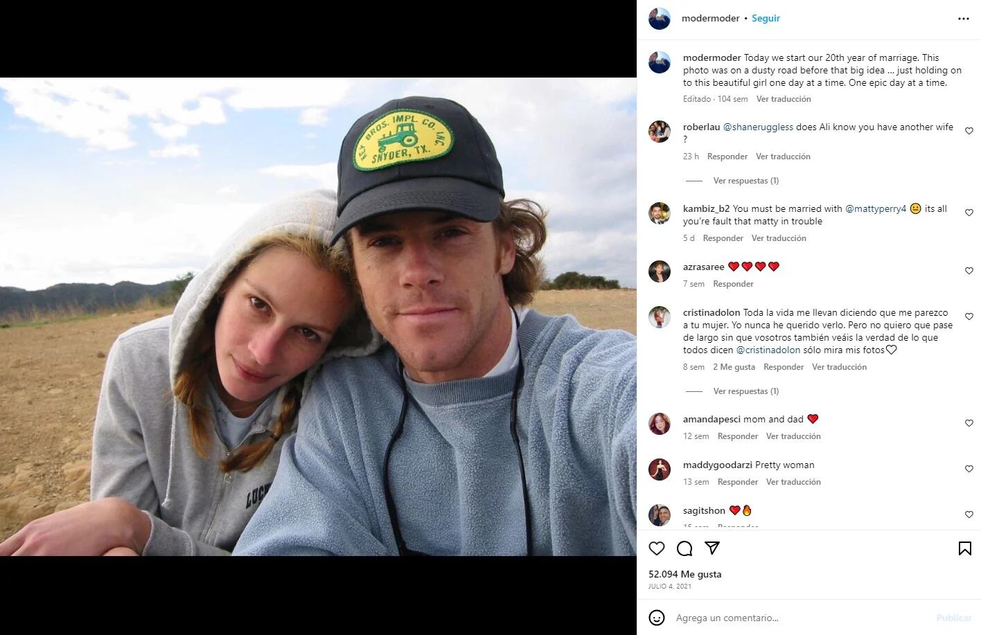 Daniel Moder, esposo de Julia Roberts, compartió en 2021 una foto de ambos antes de casarse para celebrar su aniversario
Foto: Instagram/Daniel Moder