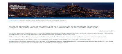 El comunicado de la cancillería ecuatoriana por las declaraciones de Alberto Fernández