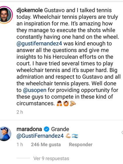 El mensaje de Maradona en el posteo de Djokovic