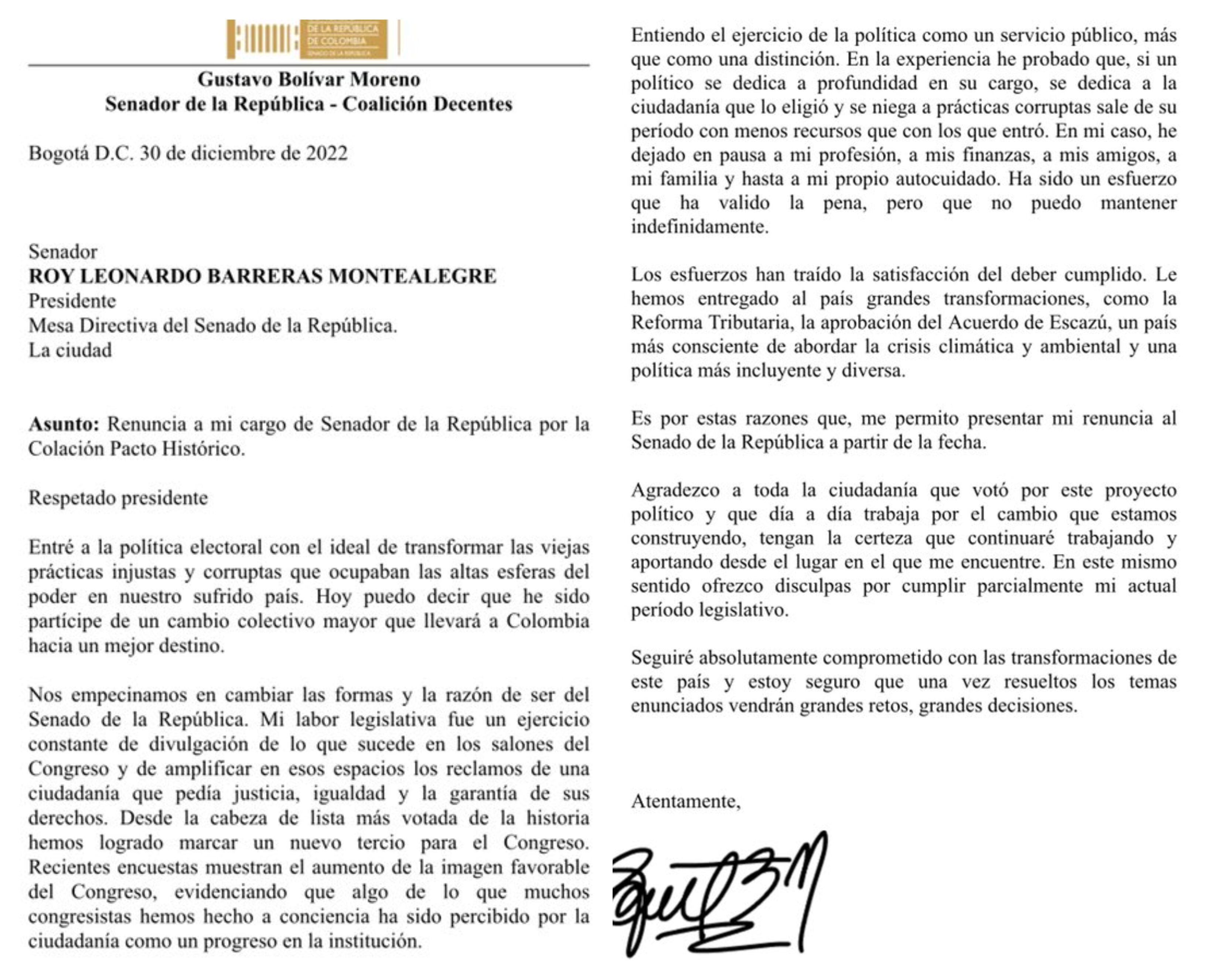 Carta de renuncia de Gustavo Bolívar