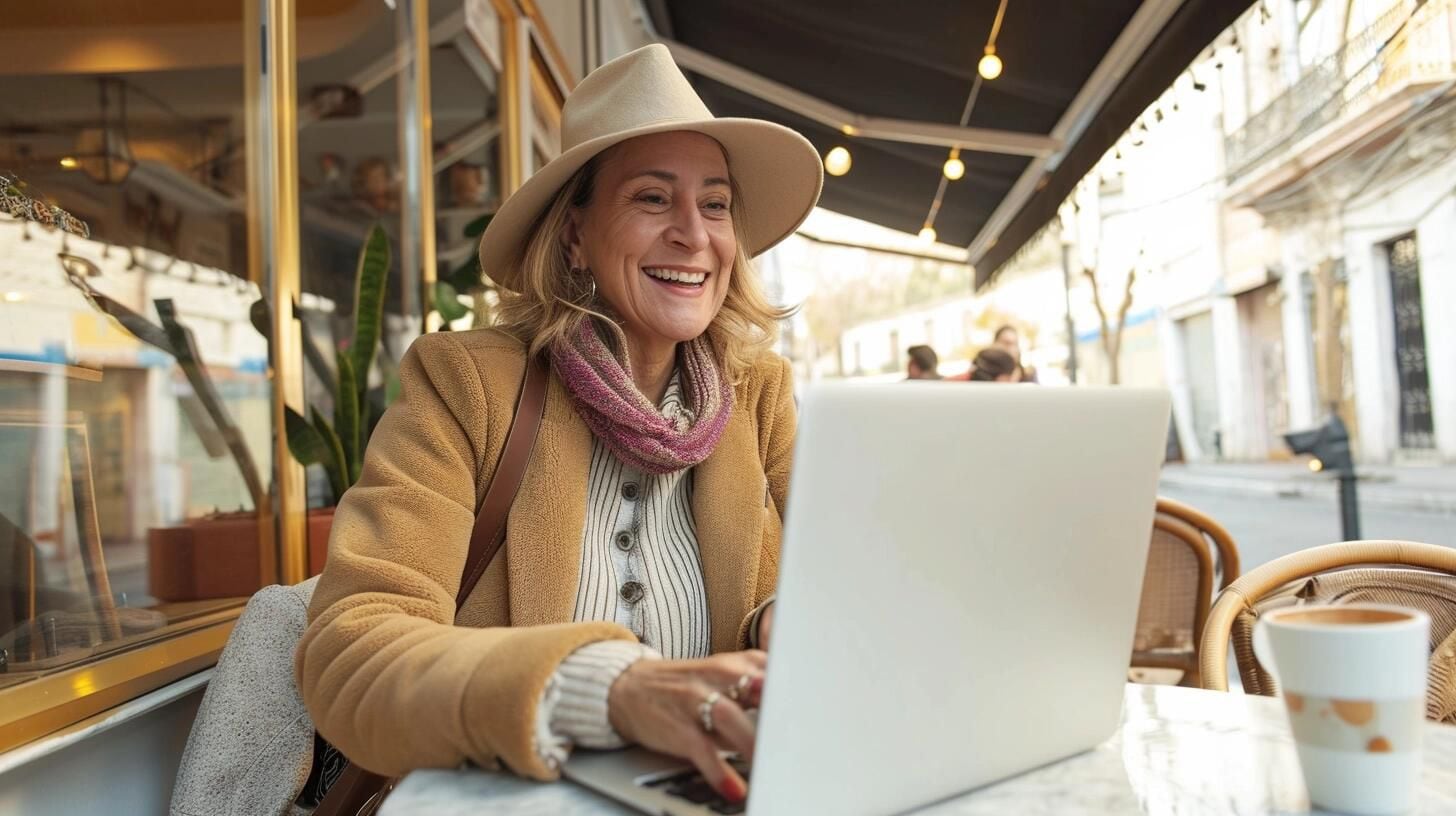 Mujer mayor utilizando su laptop en un ambiente de café, mostrando habilidad y comodidad con la tecnología. La foto captura su enfoque y conexión al mundo virtual, desafiando los estereotipos sobre la edad y la adaptación a las nuevas tecnologías. (Imagen ilustrativa Infobae)