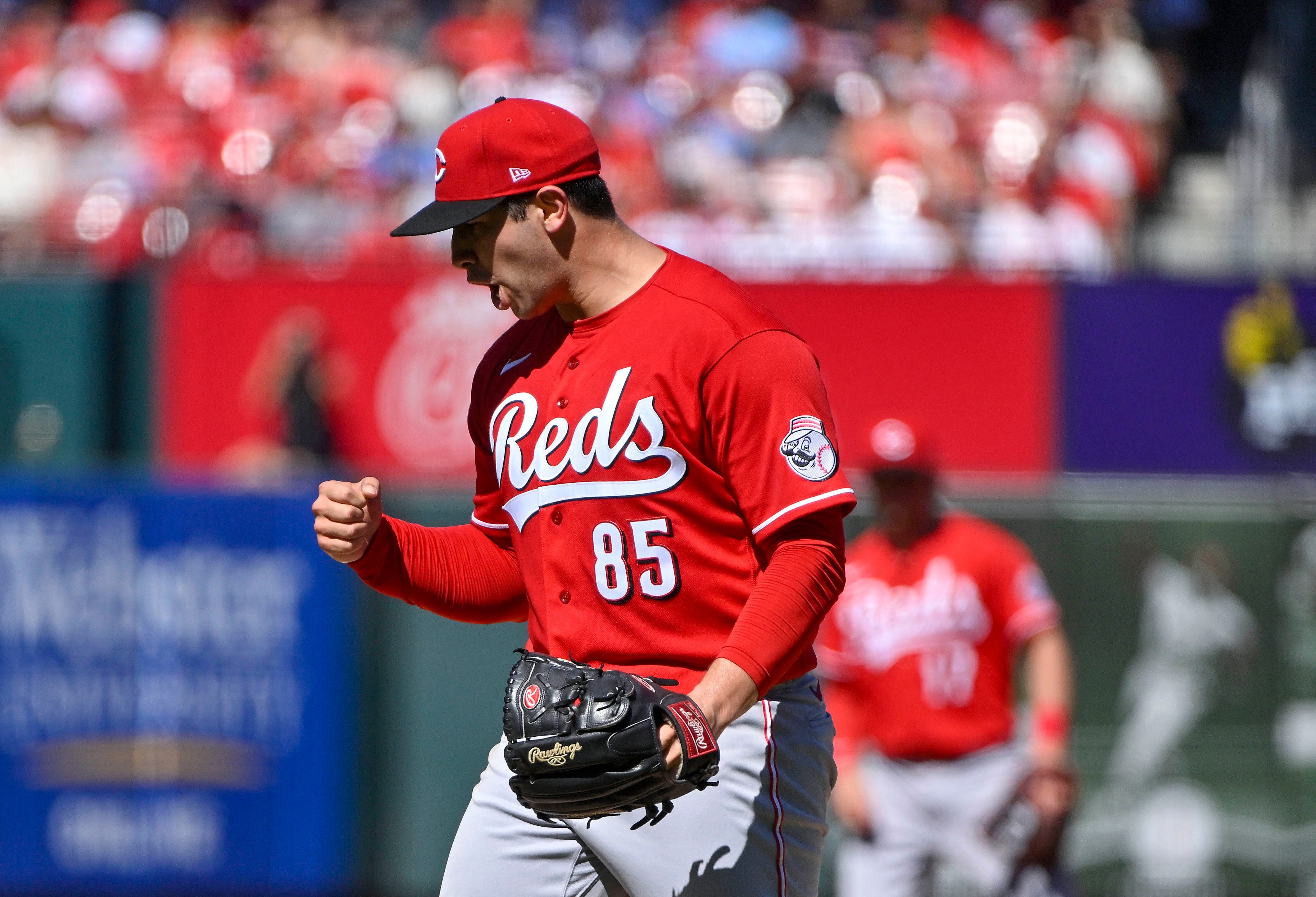 Sep 18, 2022; St. Louis, Missouri, USA;  Cincinnati Reds starting pitcher Luis Cessa (85) reacts after an inning ending double play against the St. Louis Cardinals during the third inning at Busch Stadium. Mandatory Credit: Jeff Curry-USA TODAY Sports