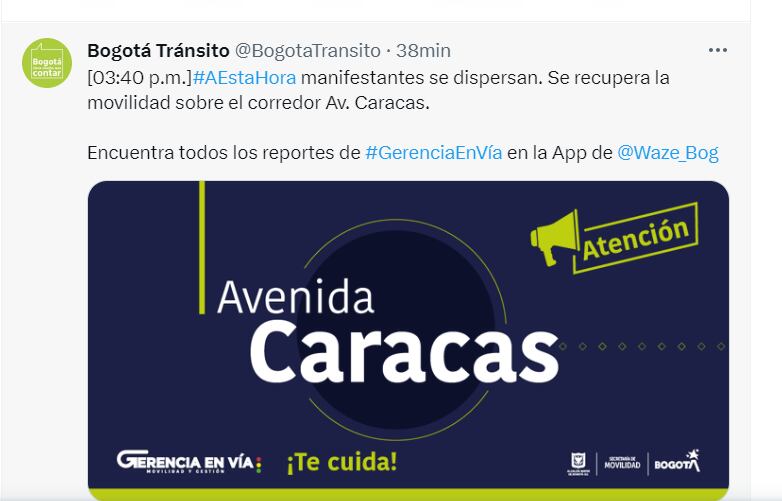 Según la cuenta de Twitter de Bogotá Tránsito se recuperó el tránsito en el sector.