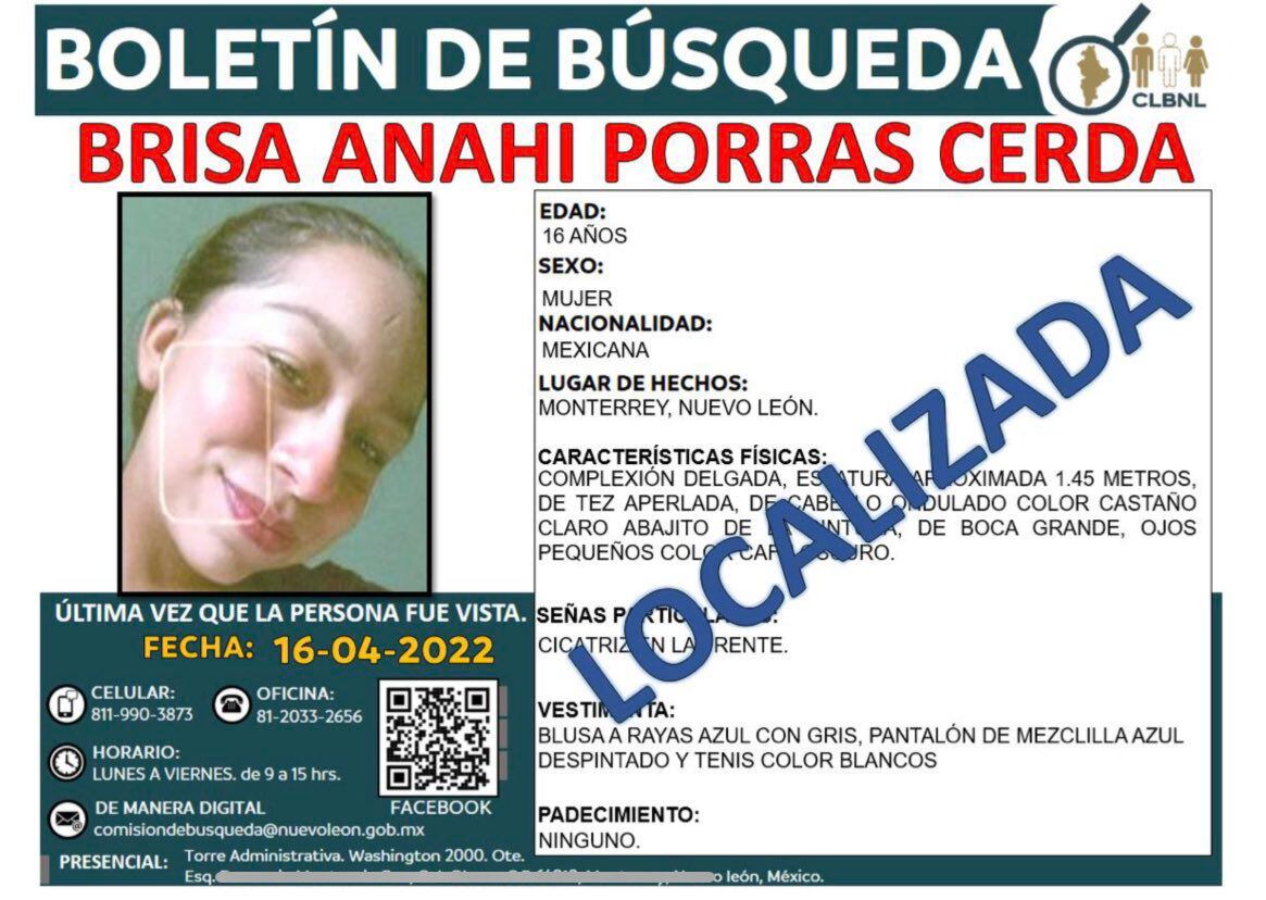Brisa es una de las jóvenes localizadas. Desapareció el 16 de abril en Monterrey. Foto:Twitter/ @AleGon_27