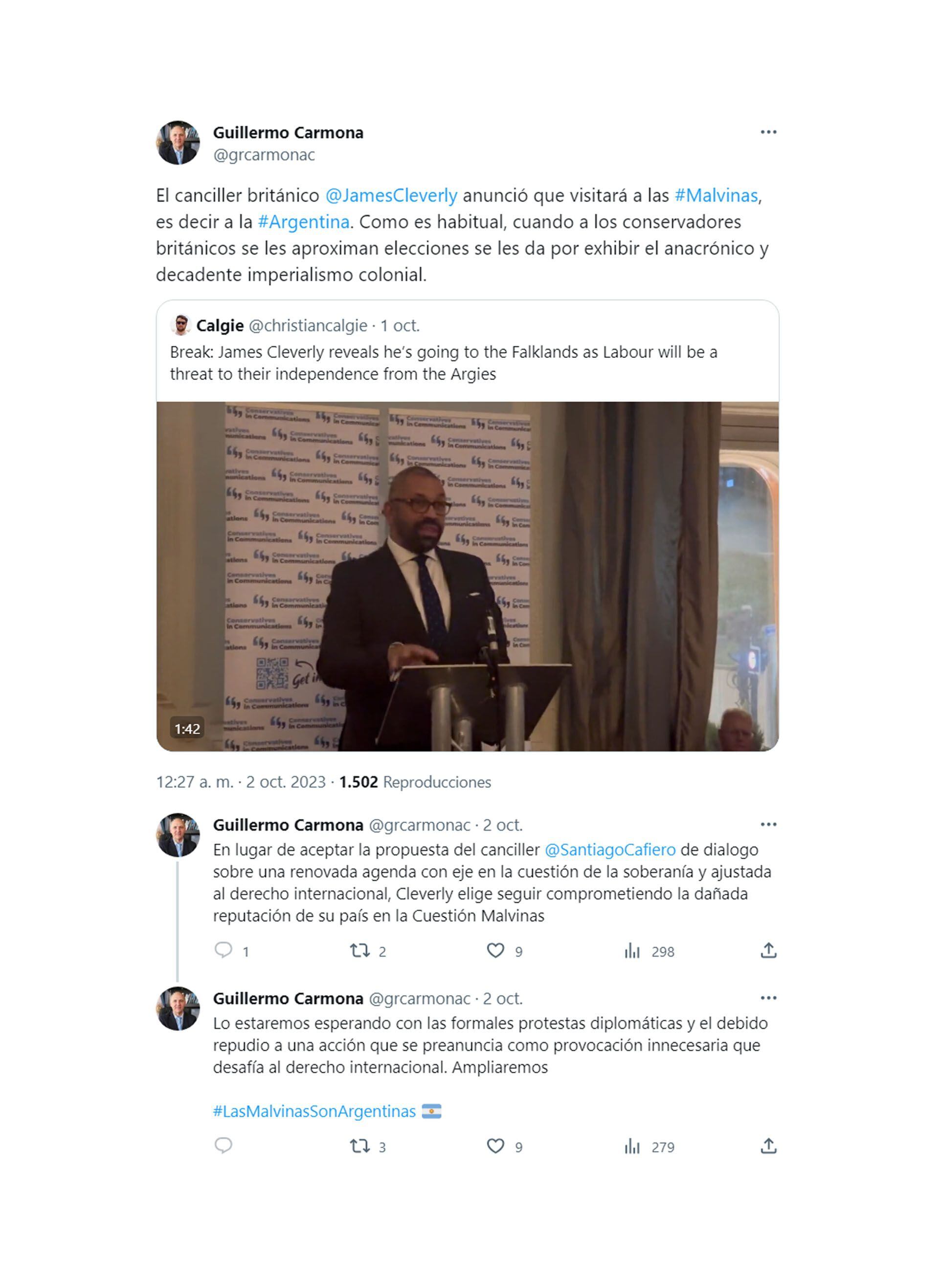 La publicación del secretario de las Islas Malvinas, Guillermo Carmona