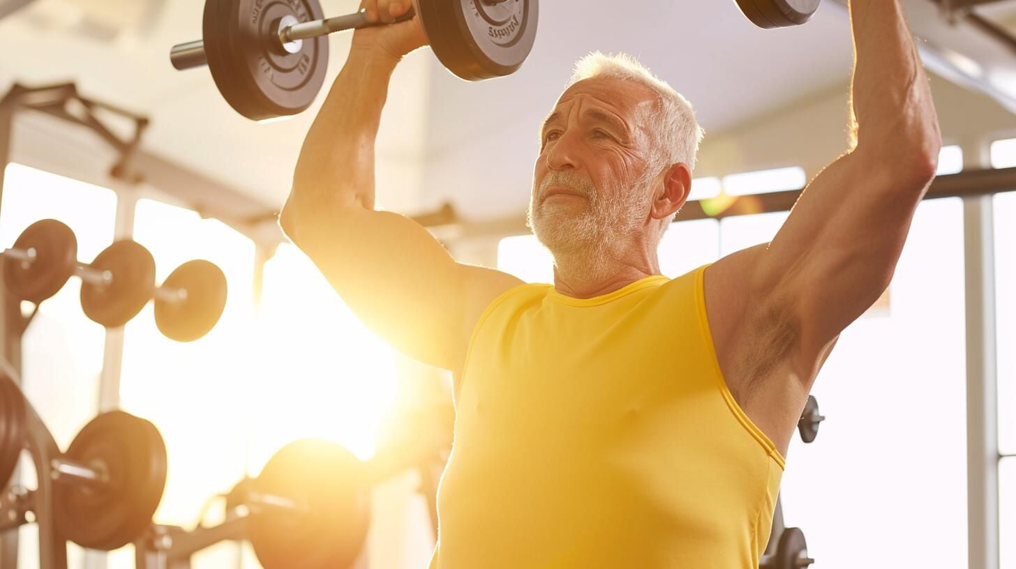 Hombre mayor levanta pesas en el gimnasio, destacando la importancia del ejercicio para la salud y el bienestar a lo largo de la vida. Descubre cómo el entrenamiento contribuye a una vitalidad duradera. (Imagen Ilustrativa Infobae)
