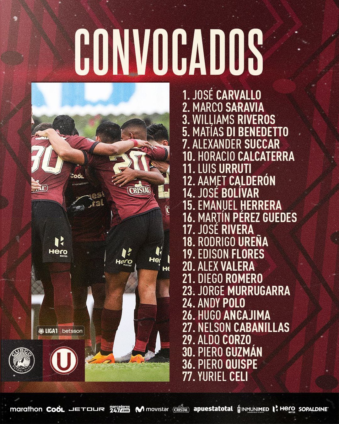 Universitario vs Cusco FC: Jorge Fossati's squad list for the match on date 18 of the Clausura Tournament.