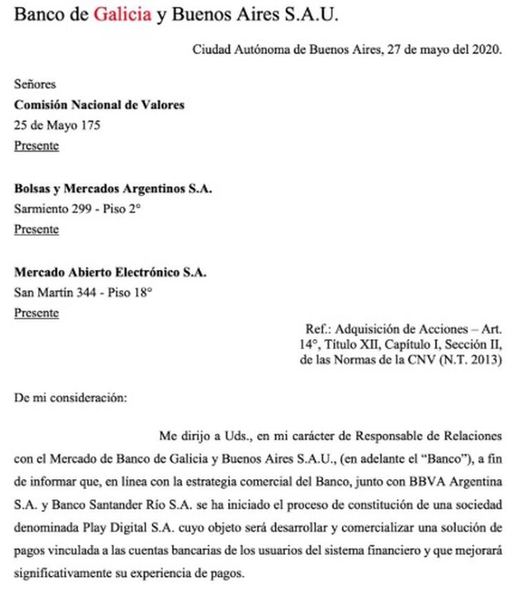 La notificación del Banco de Galicia sobre la creación de Play Digital S.A.