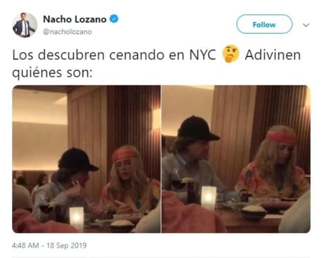 Peña Nieto y Tania Ruiz fueron captados en un resturante de NY usando pelucas para no ser reconocidos (Foto: Twitter @nacholozano)