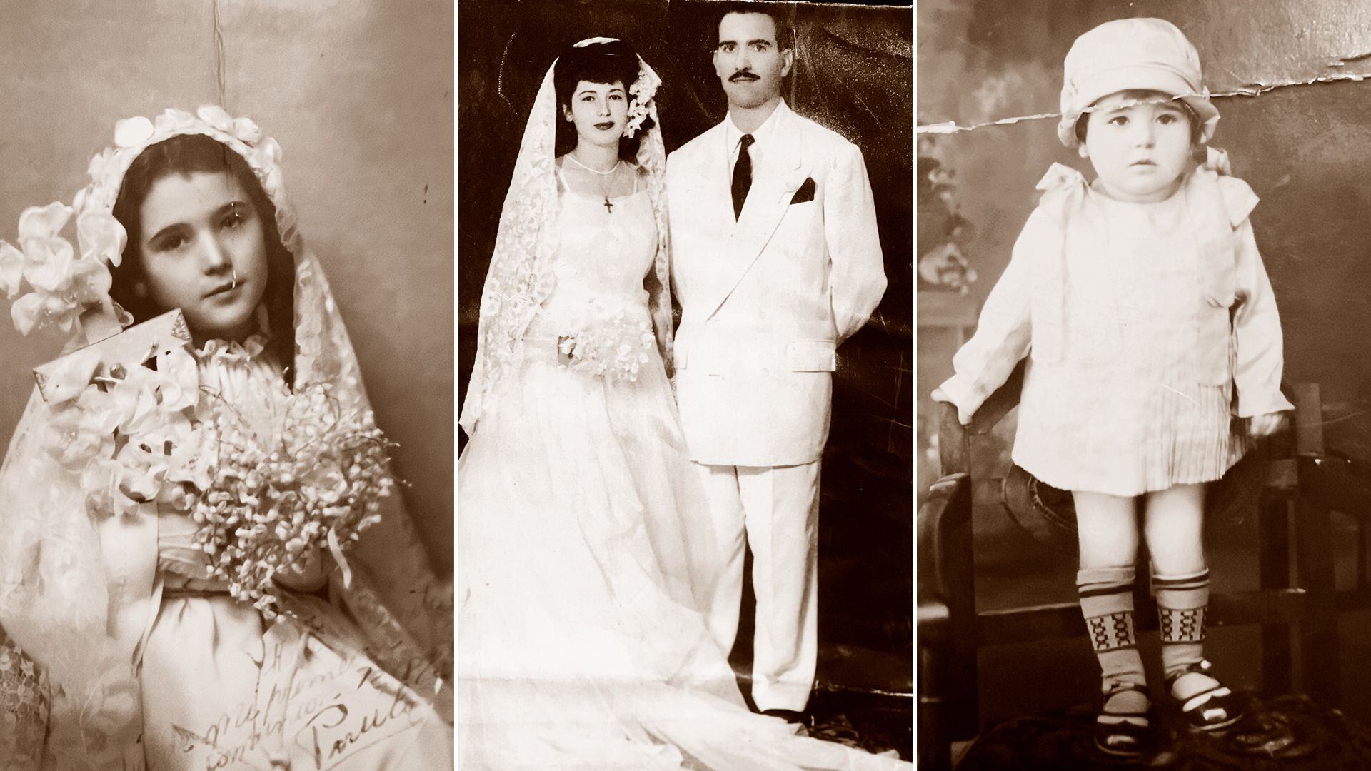 A la izquierda, Piru en el día de su comunión; en el centro el día de su boda y a los dos años, en el barco en que llegó a la Argentina