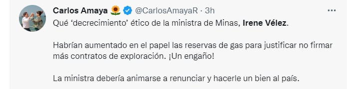 Carlos Amaya contra Irene Vélez. @CarlosAmayaR