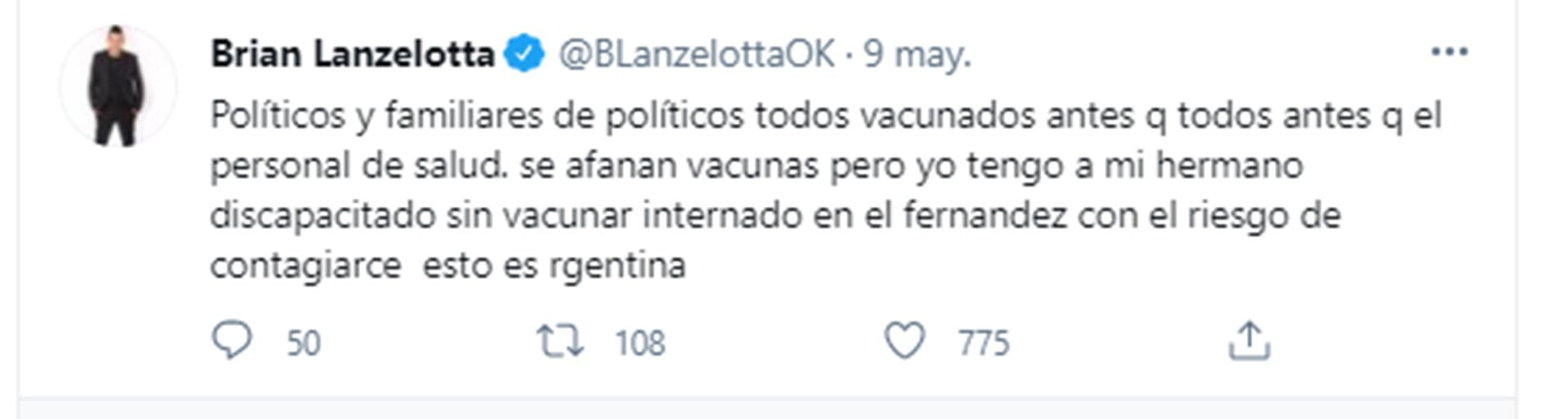 El enojo de Brian Lanzelotta en Twitter