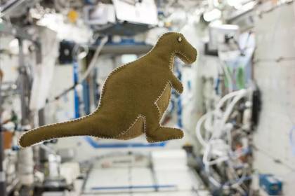 La astronauta Karen Nyberg mostró en 2013 el dinosaurio que hizo a bordo de la Estación Espacial Internacional