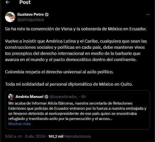Gustavo Petro reaccionó a la irrupción de la policía de Ecuador en la embajada de México. | Captura de pantalla