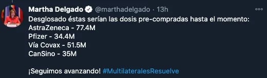 “AstraZeneca va a empezar a entregar más o menos en marzo o abril para México y va a estar entregando vacunas hasta seis meses después”, detalló Delgado. 