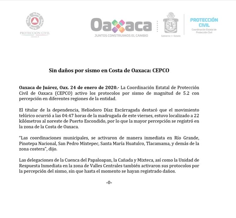 El Gobierno del Estado de Oaxaca mencionó que no se registraron daños (Foto: Twitter)