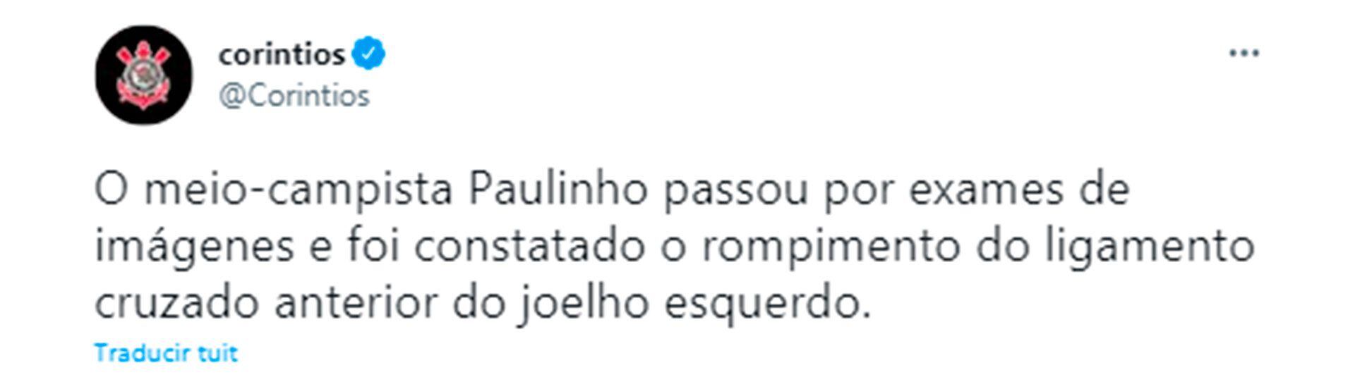 El comunicado del Corinthians por la lesión de Paulinho