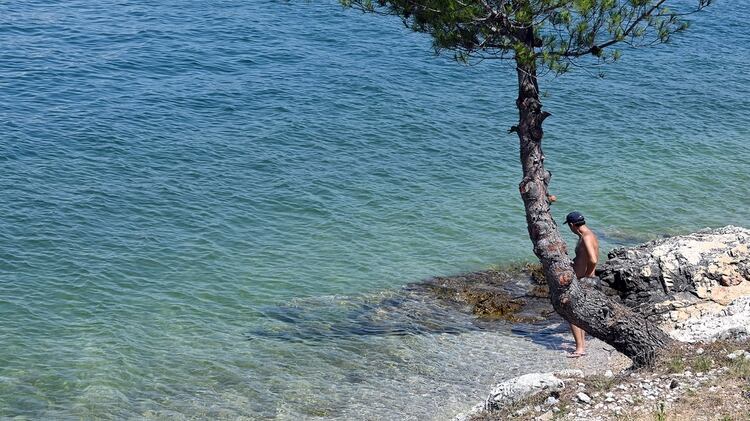 Un turista entra al agua en el camping naturista de Kanegra, cerca de Umag, en el norte de la península de Istria, en la costa del Adriático