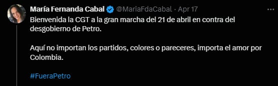 María Fernanda Cabal también anunció en sus redes la unión de todos los sectores a la marcha del domingo 21 - crédito @MariaFdaCabal/X