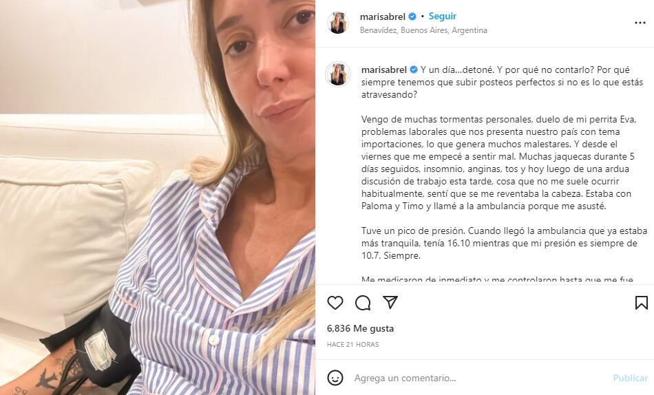 Marisa Brel contó que tuvo un pico de presión (Instagram)
