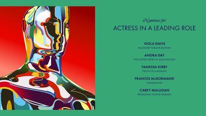 Las nominadas para mejor actriz son: Viola Davis, “Ma Rainey’s Black Bottom”; Andra Day, “The United States vs. Billie Holiday”; Vanessa Kirby, “Pieces of a Woman”; Frances McDormand, “Nomadland”; Carey Mulligan, “Promising Young Woman”