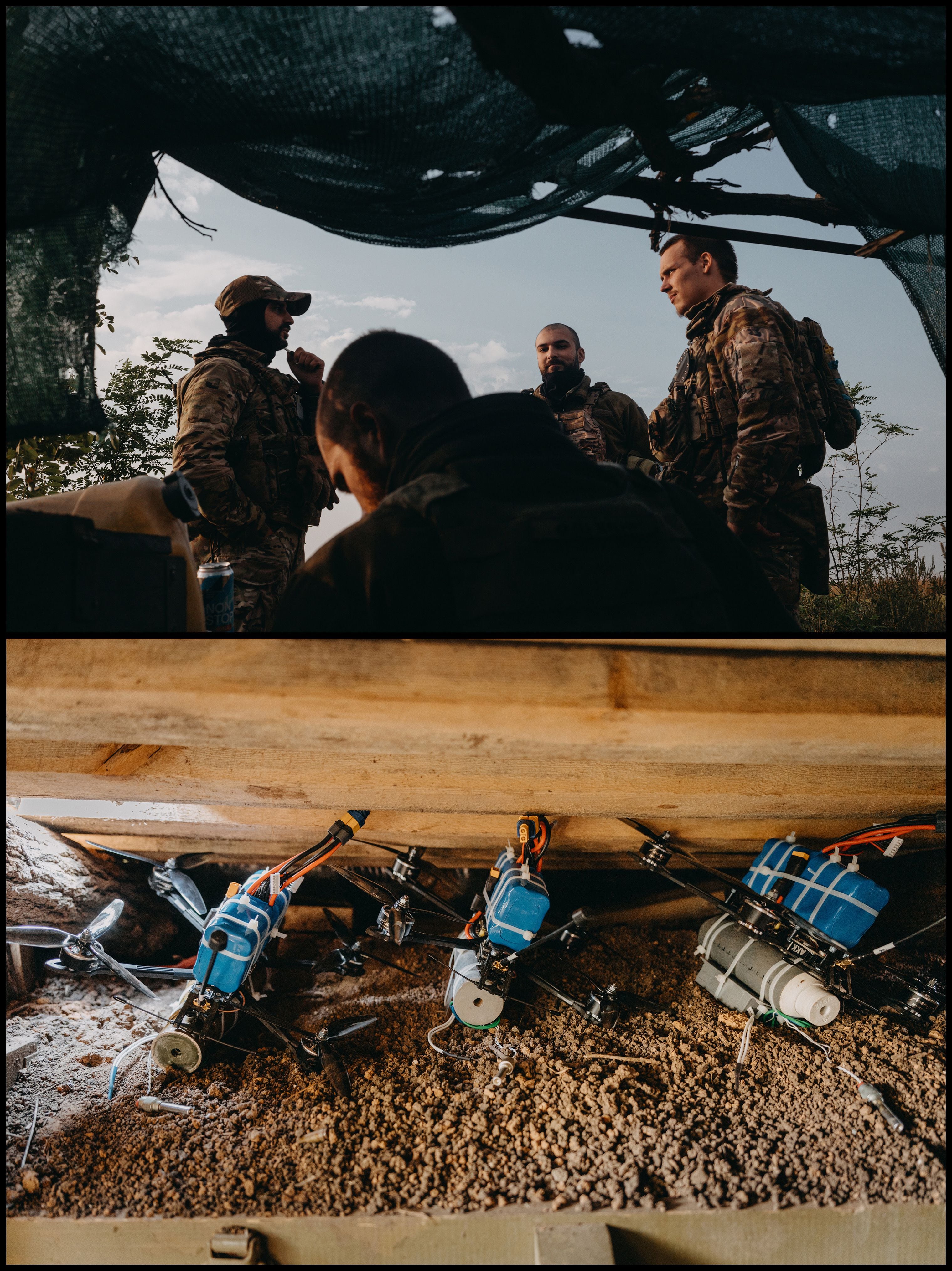 Soldados de una unidad de drones de la 47ª Brigada ante una posición avanzada de búnker y drones FPV listos para ser utilizados, en la línea del frente sur (The Washington Post/ Wojciech Grzedzinski)