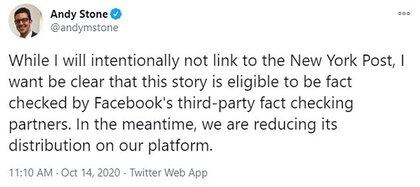 Un ejecutivo de Facebook anunció en su cuenta de Twitter las medidas que limitaban la circulación de la denuncia del Post contra Biden.