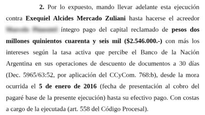 Ejecución contra Mercado Zuliani, documento del Juzgado Comercial N°23. 