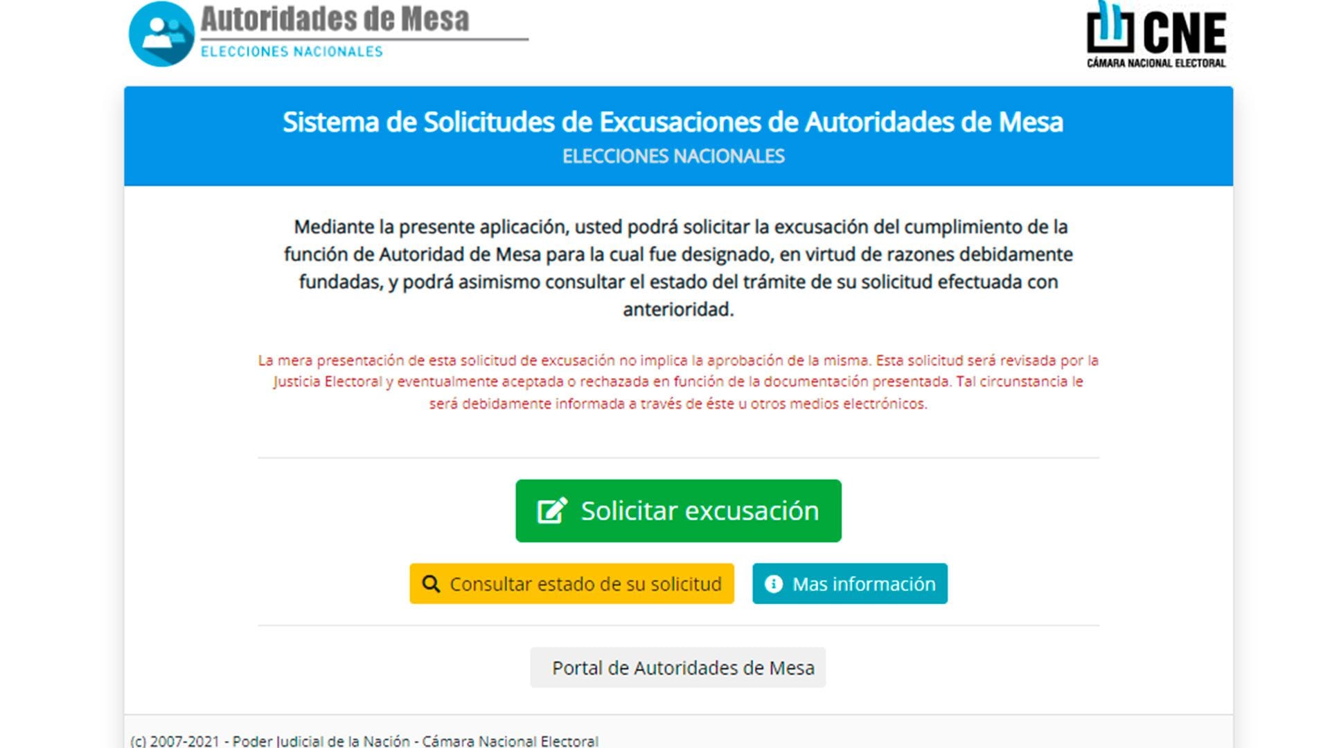 Captura de pantalla del sitio web de la Cámara Nacional Electoral del Sistema de Solicitudes de Excusaciones de Autoridades de Mesa