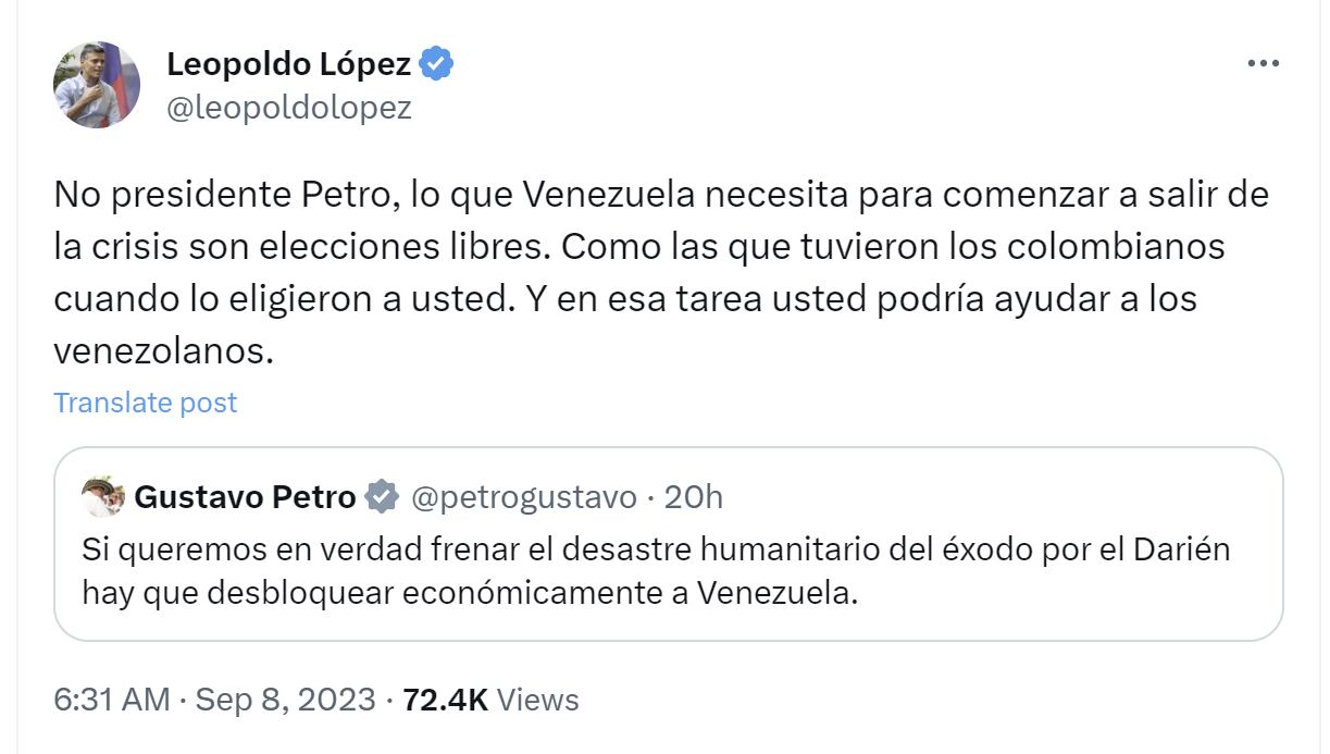 Respuesta del líder opositor venezolano Leopoldo López a la propuesta del presidente Gustavo Petro - crédito Leopoldo López/X