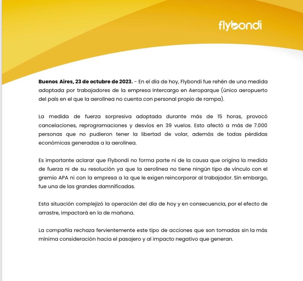 El comunicado de Flybondi