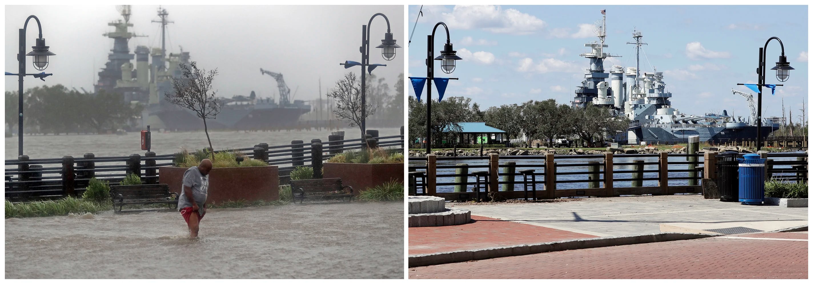 En esta combinación de fotografías, un hombre intenta cruzar una calle inundada el 14 de septiembre de 2018, a la izquierda, y el mismo lugar, el 19 de septiembre, después de que las aguas bajaran de nivel tras el paso del huracán Florence en Wilmington, Carolina del Norte. (AP Fotos/Chuck Burton)