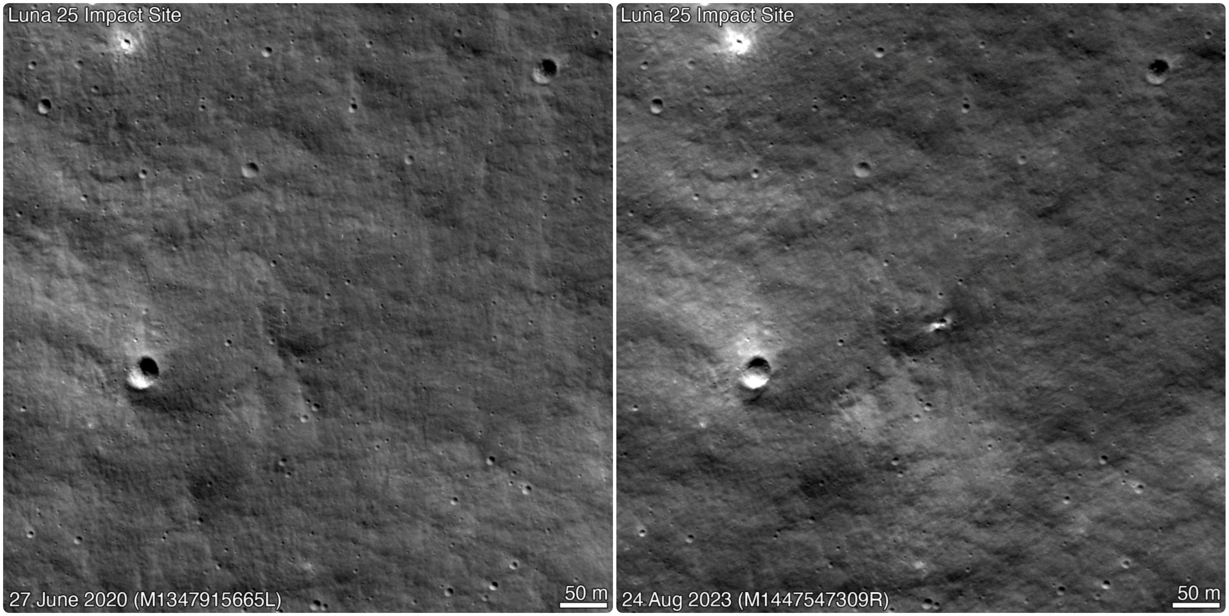 La NASA publicó el antes y después de un cráter que dejó en la luna la fallida misión espacial rusa (REUTERS)