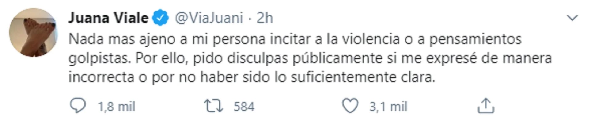 Tuit de Juana Viale donde pide disculpas por sus dichos