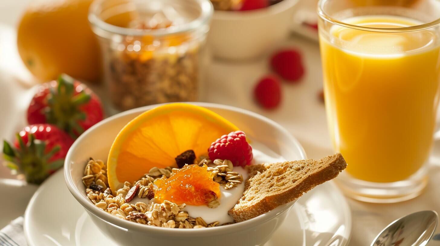 Desayuno completo y saludable con cereales, frutas variadas, tostadas doradas, jugo de naranja natural, pasas y yogurt. Una opción deliciosa para empezar el día con energía y cuidar tu bienestar. (Imagen Ilustrativa Infobae)