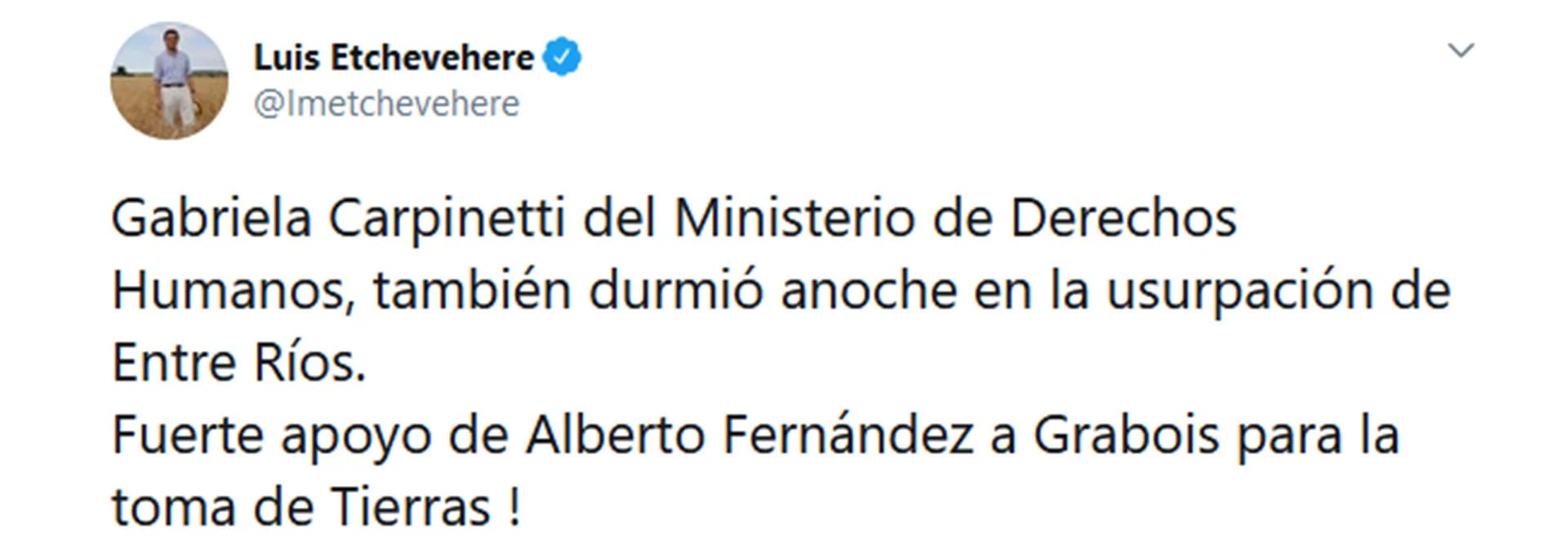 El tweet que escribió Etchevehere sobre la participación de Carpineti en la usurpación