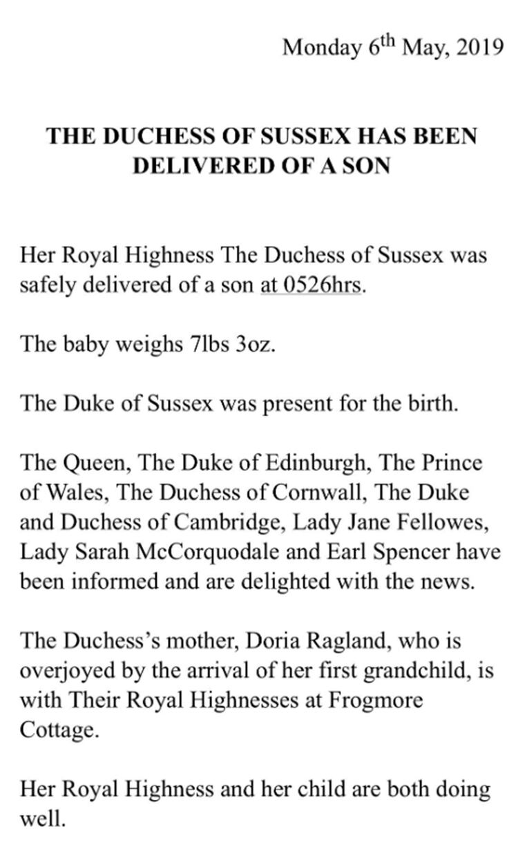 El comunicado sobre el nacimiento del bebé de Meghan Markle y el príncipe Harry