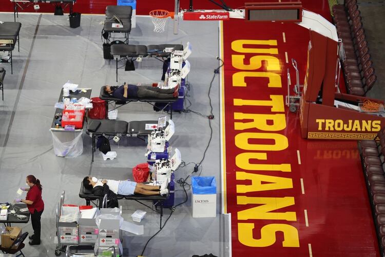 Personas donan sangre en medio de la pandemia, en una cancha de básquet de Los Angeles - REUTERS/Lucy Nicholson