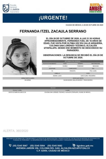 Fernanda Zacaula, de 16 años, desapareció en San Lorenzo Tezonco (Foto: FGJ)