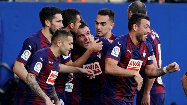 Soccer Football – La Liga Santander – Eibar v Real Madrid – Ipurua, Eibar, Spain – November 24, 2018 Eibar’s Gonzalo Escalante celebrates scoring their first goal with team mates REUTERS/Vincent West