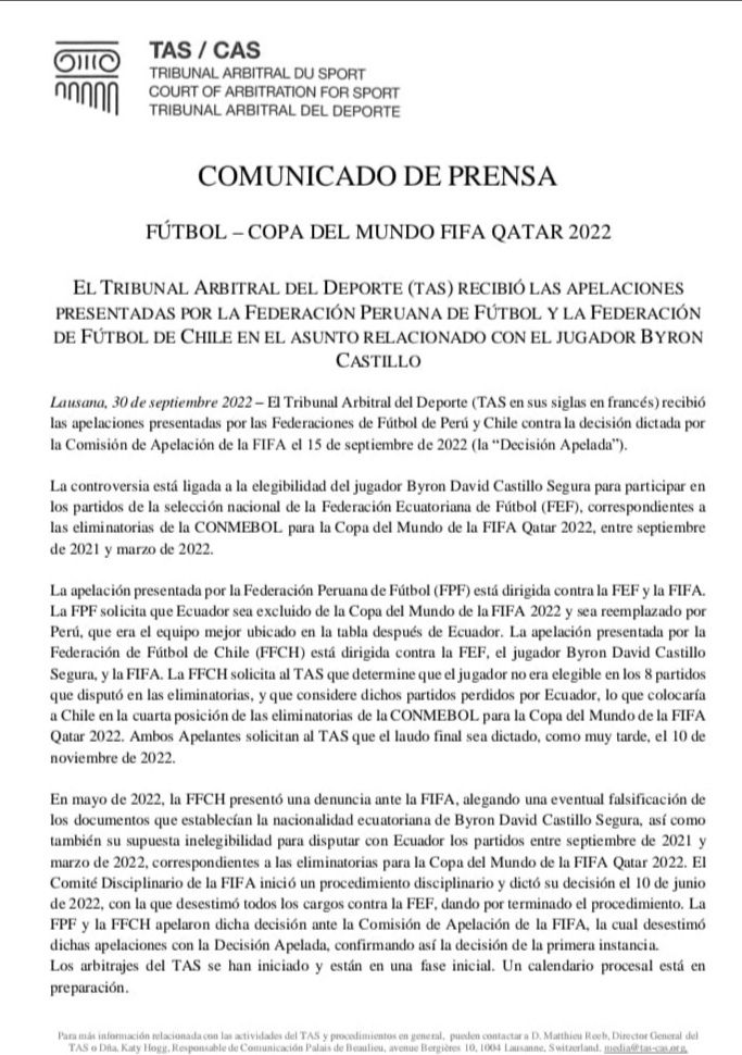 Comunicado TAS sobre apelaciones de Perú y Chile contra el caso Byron Castillo