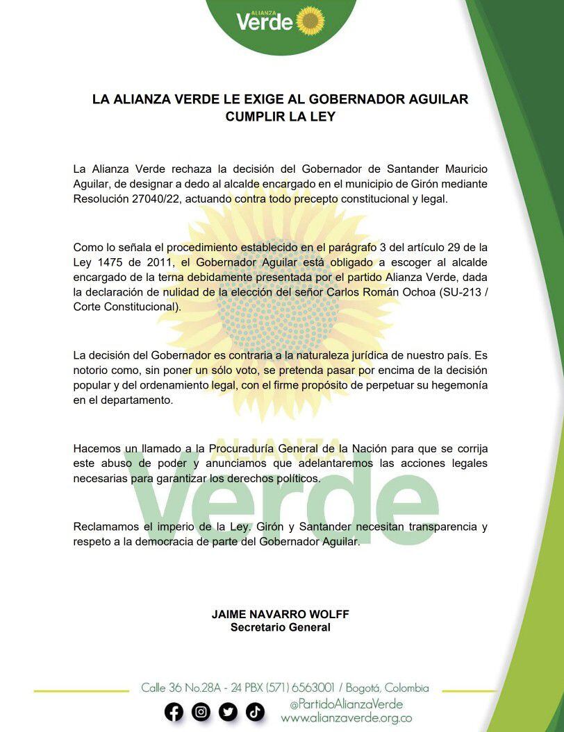 Carta del partido Alianza Verde contra la designación del alcalde de Girón