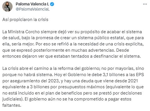 La senadora aseguró que la estrategia del Gobierno es impulsar un sistema estatal desfinanciando las EPS - crédito @PalomaValenciaL / Twitter