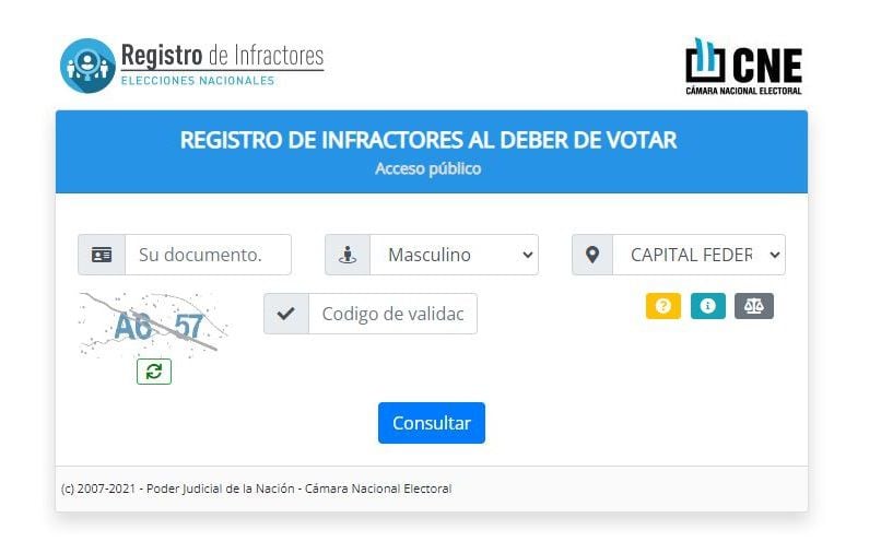 La pantalla que encontrará aquella persona que consulte el Registro de Infractores antes de las PASO 2023. 