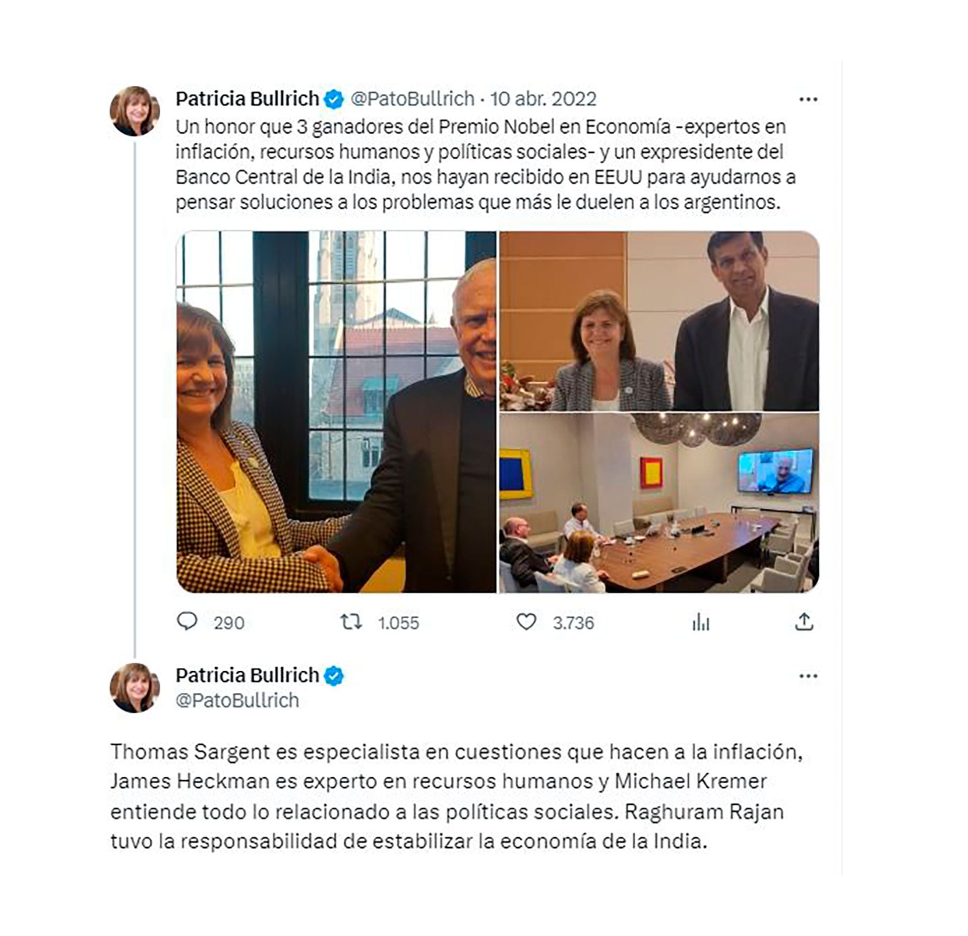 El tuit de Patricia Bullrich, en abril de 2022, luego de conversar con Sargent y reunirse con otros economistas prestigiosos en Nueva York