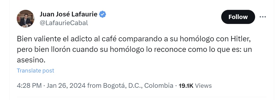 Juan José Lafaurie compartió la postura de Javier Milei con respecto al presidente Gustavo Petro - crédito @LafaurieCabal/X