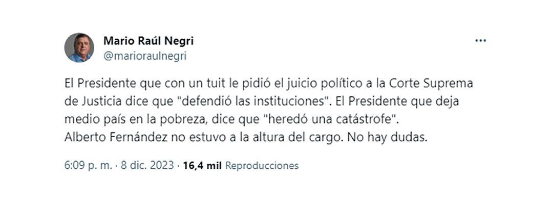 Mario Negri cuestionó la presidente en redes sociales