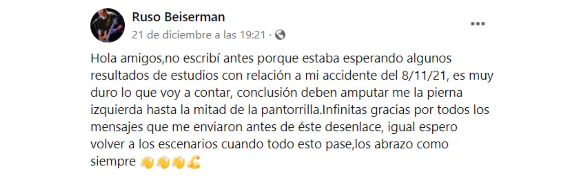 Ruso Beiserman comunica el lamentable desenlace de su accidente